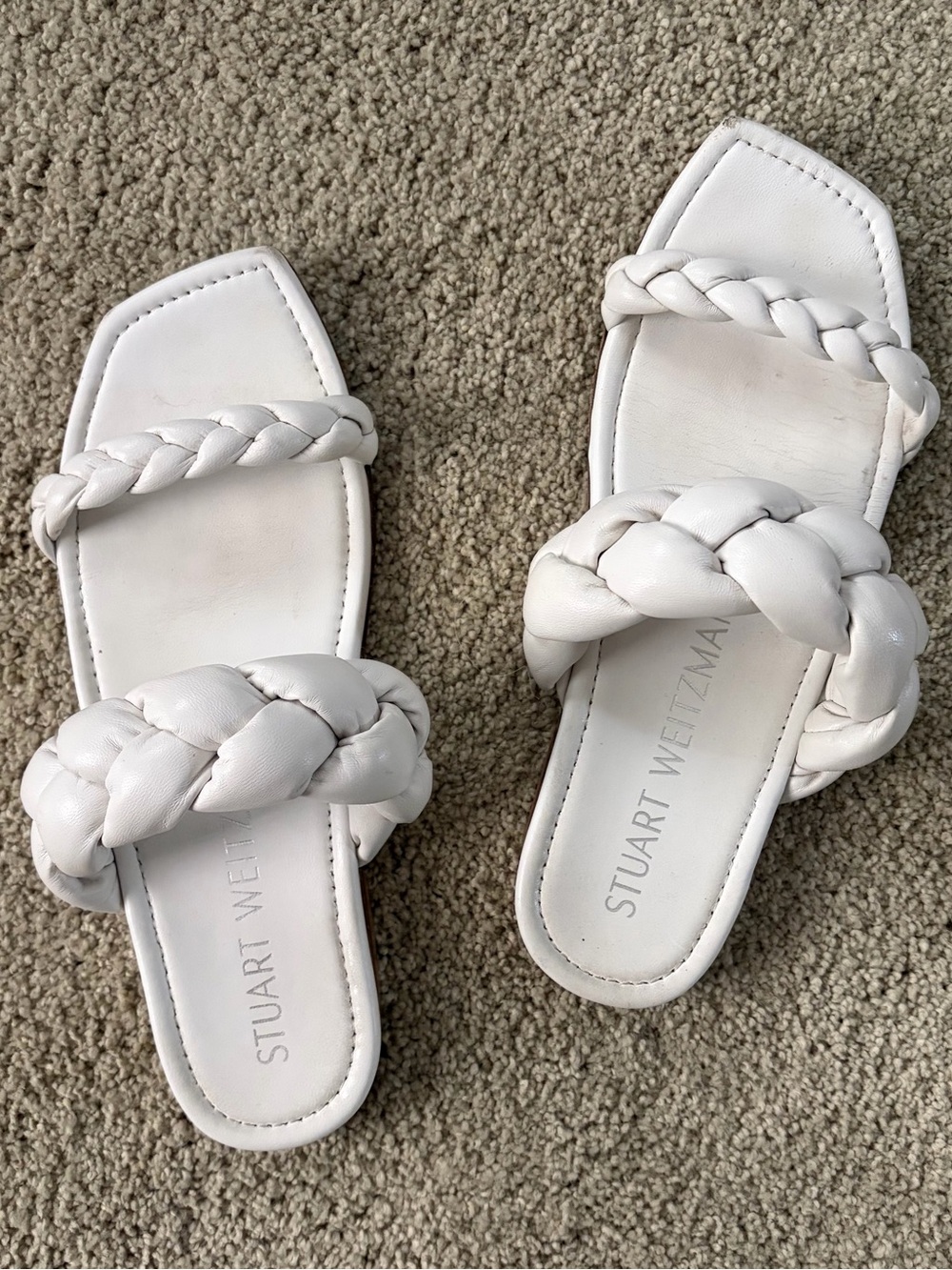 Stuart Weitzman White Braided Double-Strap Slide Sandals